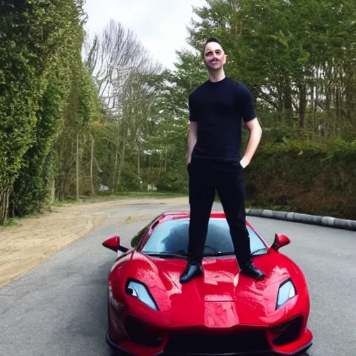 Image similar to Andrew Tate the ultimate chad standing in front of his dope sports car