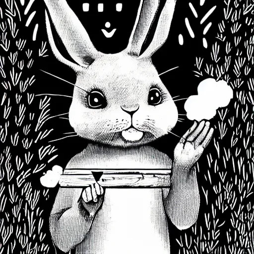 Image similar to a rabbit smoking a cigarette deep in the forest, striking pose, black and white illustration, creative design by junji ito