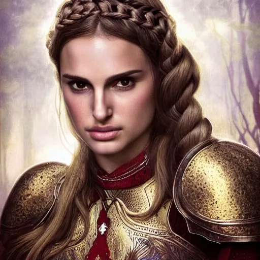 Prompt: head and shoulders portrait of a female knight, young natalie portman, golden etched armor, lord of the rings, celtic hair braid, eldritch ruby amulet, by artgerm, alphonse mucha, face detail, etched breastplate, sharp focus, high key lighting, vogue fashion photo