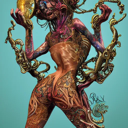 Image similar to blonde girl in a cosmic dress, full-body tattoos, ornate, rococo, grotesque, zbrush art, majestic, organics, silver filigree, colorful, dark fantasy, celtic knot, anatomical, h r giger style, moebius, frank frazetta, ornate, art nouveau, symmetrical, turquoise jewelry, red smoke, roses, unbiased render, rotten, Emil melmoth, eerie, macabre, haunting + insanely detailed and intricate, floral, faded pink, hypermaximalist, elegant, vintage, hyper realistic, super detailed, pastel colors,