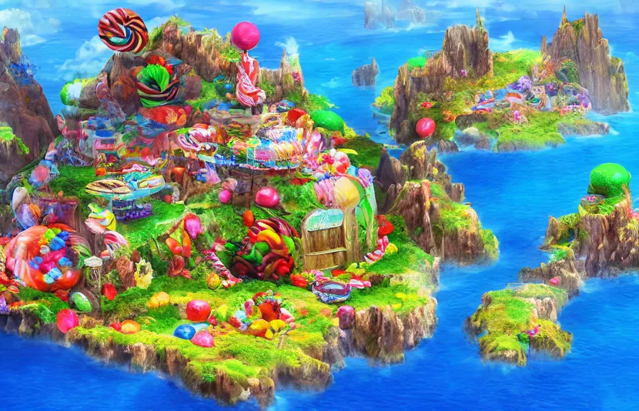 Prompt: an entire island made out of candy, candied island, photorealistic digital art, fantasy and realistic concept art, dynamic lighting, air view, beautiful scenery