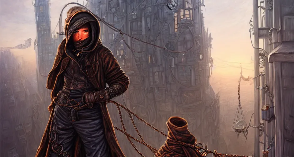 Prompt: landscape painting of a hooded thief in leathers using a rope to climb a tall metal steampunk buildings within a fantasy city which has walkways and lit windows, fine details, magali villeneuve, artgerm, rutkowski