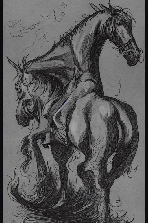 Prompt: irish mythical creature is a headless horseman that is known as a foreteller of death. rising a headless black horse, the dullahan carries his own head under one arm