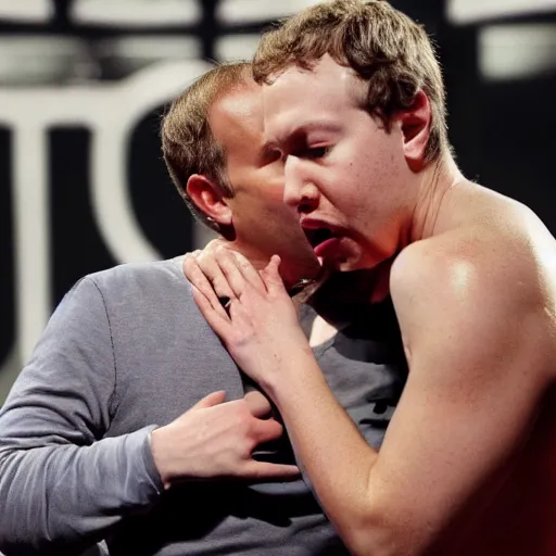 Image similar to billy corgan and mark zuckerberg fighting over a girl. both are very angry. billy goes over to mark and rips off his shirt. then billy throws mark in the ground and breaks his face and hands.