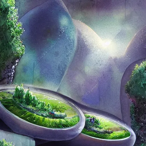 Prompt: beautiful happy picturesque charming sci - fi organic pod - like homes of the future in a beautiful natural scene. water, trees and rocks. beautiful light. soft colour scheme. beautiful artistic detailed watercolor by lurid. ( 2 0 2 2 )