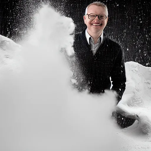 Image similar to Christoph Daum smiling at a pile of white powder, 50mm f 1.8, award winning photograph