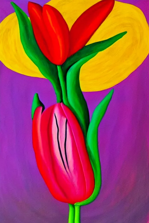 Image similar to a colorful painting of a side view of a tulip in with roots going deep into the ground in the stale of frida kahlo with the colors of mexico