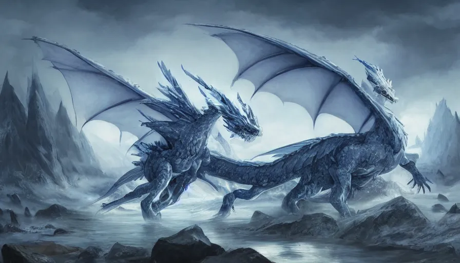 Image similar to epic ice dragon with trendy shapes in a nordic landscape under bright daylight with fluffy clouds, set in the words of the Forgotten Realms and Guildwars2, painted by Hans Fredrik Gude, Greg Rutkowksi and Artgerm, concept art 2022, ultra realistic masterpiece, contrasting details vs blank areas, oil on canvas