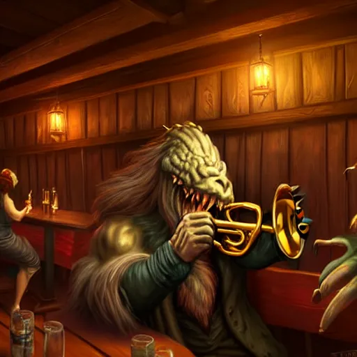 Image similar to monster playing trumpet in tavern to cheering patrons, artstation, fantasy