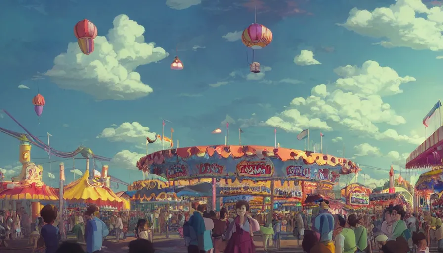 Image similar to A highly detailed matte painting of an old fashioned carnival with a bright shimmering sky by Studio Ghibli, Mokoto Shinkai, by Artgerm, by beeple, volumetric lighting, octane render, 4K resolution, trending on artstation, vivid colours