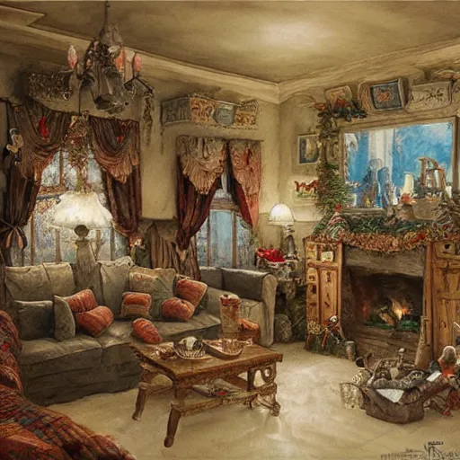 Prompt: inside a gingerbread house living room decorated in a grand fashion, a detailed matte painting by anton pieck, deviantart contest winner, fantasy art, concept art, official art, matte drawing