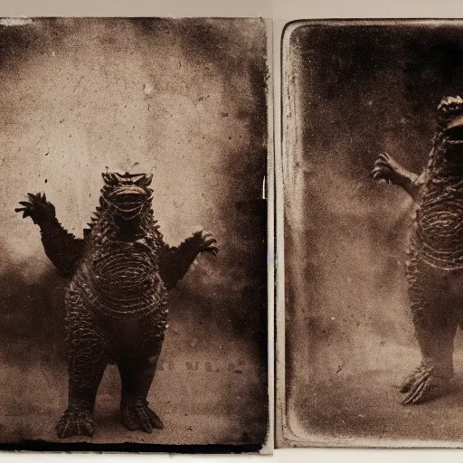 Prompt: wet plate photograph of godzilla waving the communist flag, daugerrotype, collodion photography, studio lights, eye catching, exxagerated texture