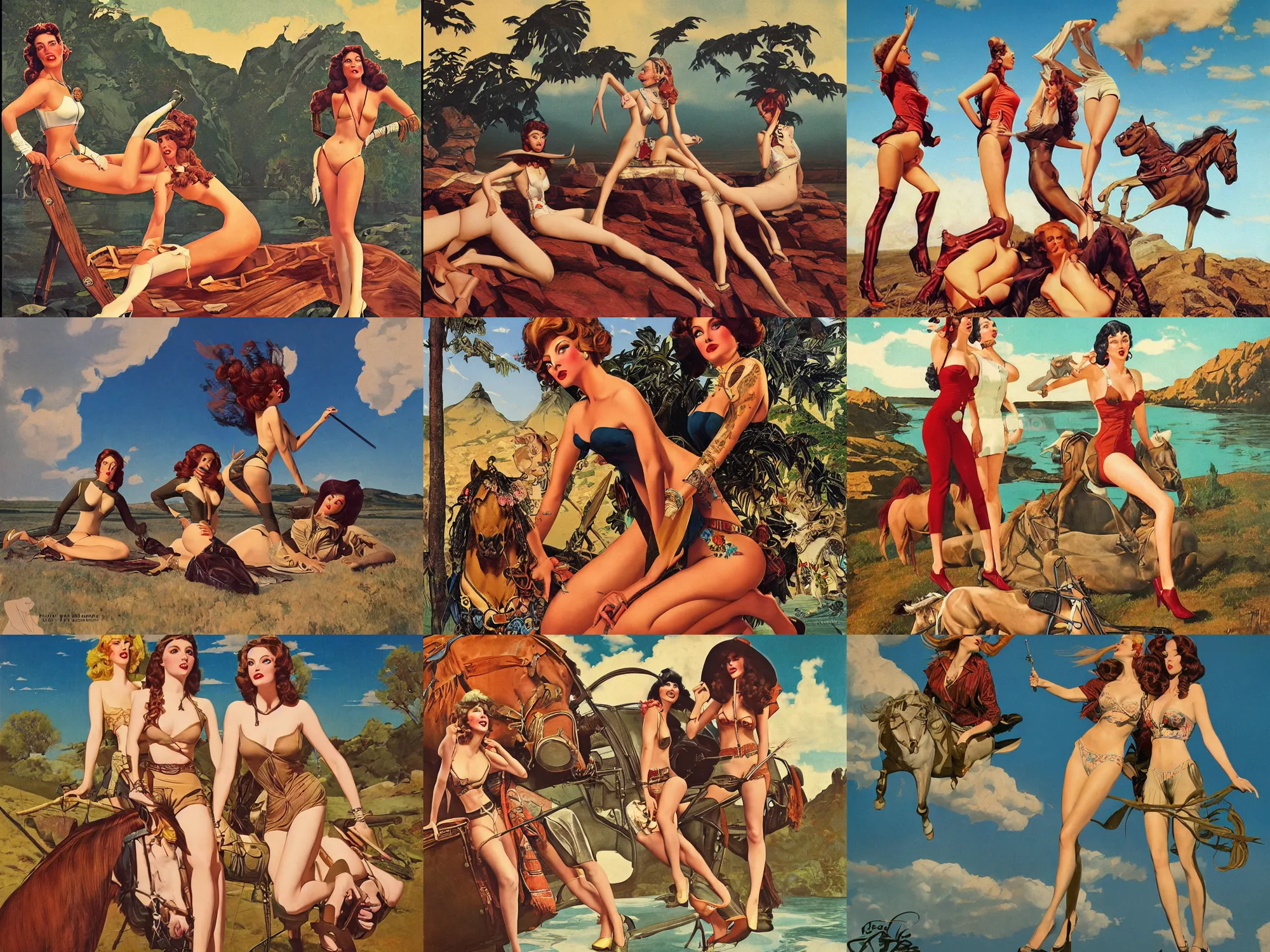 Prompt: pulp art, artwork by Joseph Leyendecker and Robert McGinnis and Alfred Henry Maurer, 3d octane blender render, Hipple and boho fashion 1970s, nature sky river, pin up girl horses, progressive rock album cover