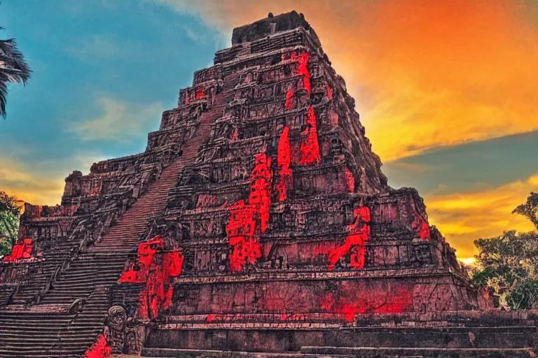 Image similar to ornate detailed aztec temple with blood and skulls, jungle setting, red sunset sky