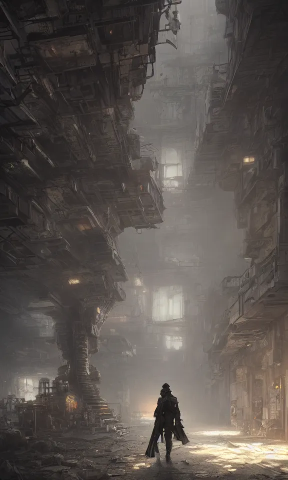 Image similar to Futuristic matte painting of a cyberpunk soldier walking through an abandoned foundry, volumetric light scattering, highly detailed, digital art, Andreas Rocha, Greg Rutkowski, Darek Zabrocki, ArtStation, CGSociety, Unreal Engine, 4K, 8K