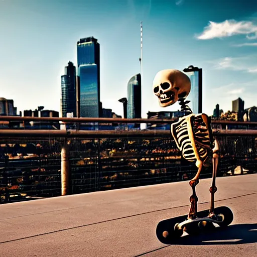 Prompt: skeleton doing cool skateboard tricks with a city skyline in the background H:1080 W:1920