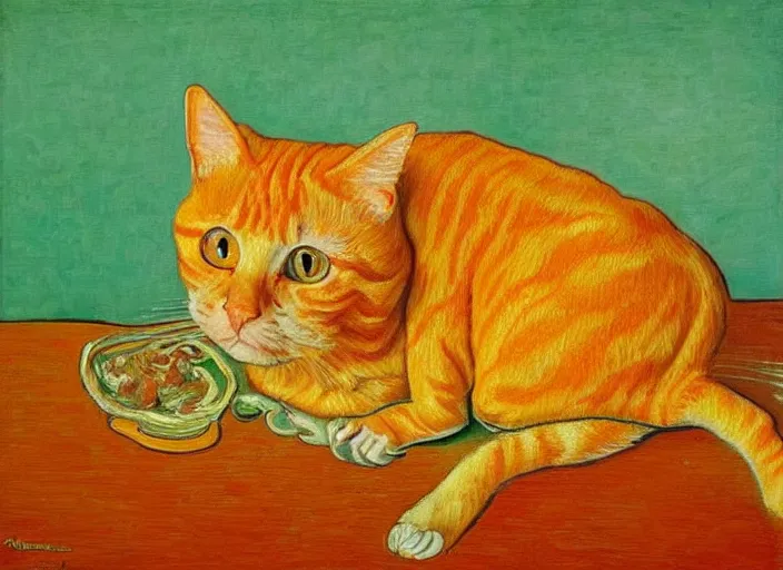 Prompt: detailed realistic realism painting of lasagna that looks like an orange tabby cat, at dusk, in the style of vincent van gogh and salvador dali and leonardo da vinci