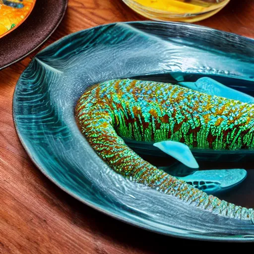 Prompt: unknown slimy and aquatic animals, highly detailed render, displayed on a dinner plate, cut to piece, 8K HD, food photography