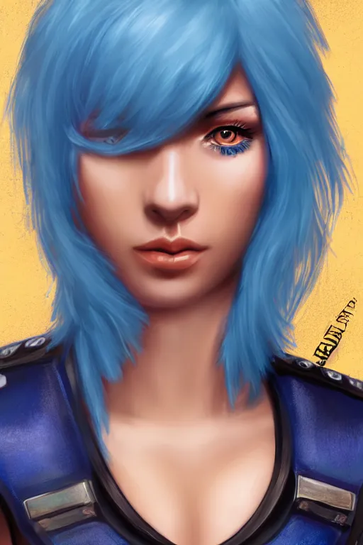 Image similar to female mercenary guard, bright blue hair, pretty face, ultra detailed, digital art, 8k ,character ,realistic, portrait, hyperrealistic