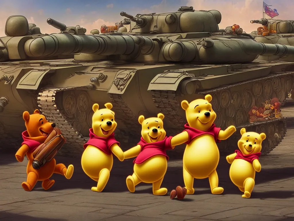 Image similar to winnie the pooh with tanks at tiananman square, cute and cuddly, highly detailed, photorealistic, octane render, 8 k, unreal engine. art by artgerm and greg rutkowski and alphonse mucha