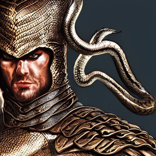 Image similar to serpent - man warlord - king, wearing glorious bronze age plate armor, horrific background, high quality, high definition, 8 k, photograph photorealistic by alex ross