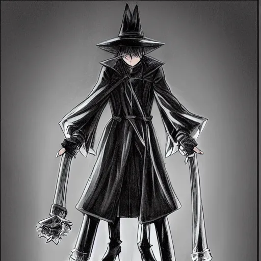 Prompt: adult male ; black mage ; large wizard hat with very long brim hiding face ; high collar ; wearing long coat ; drawn by hirohiko araki ; detailed manga art ; anime key visual ; cinematic ; trending on artstation ; high detail ; digital art ; no weapons