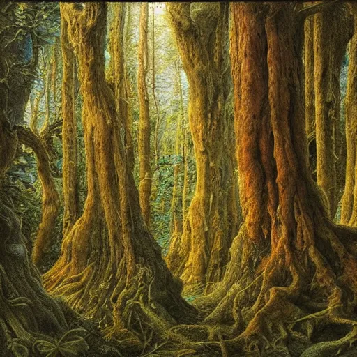 Image similar to a beautiful and highly detailed oil painting of an ancient forest, intricate details, epic scale, insanely complex, 8 k, sharp focus, hyperrealism, fantasy landscape, psychedelic, by caspar friedrich and brian froud,