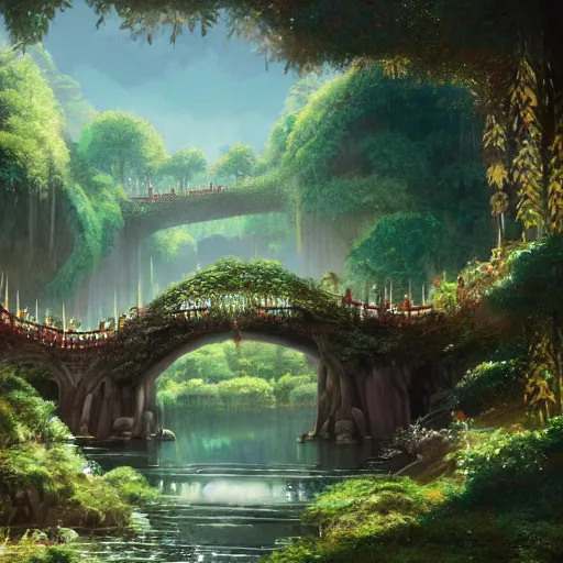 Image similar to an environmental concept art of rivendell by studio ghibli, environmental lighting, cinematic