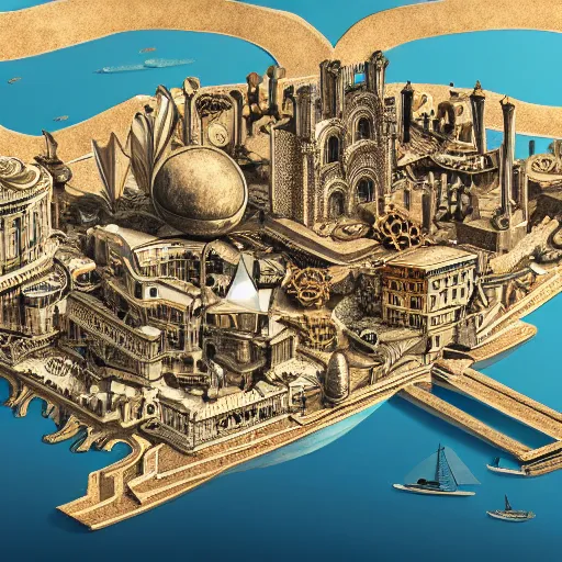 Image similar to Italian renaissance inspired steampunk coastal city, axonometric exploded view, high detail, 8k, photorealistic