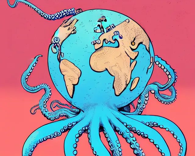 Image similar to a political cartoon showing a cell shaded an octopus surrounding the globe, illustration, full body wide shot, subtle colors, post grunge, concept art by josan gonzales and wlop, by james jean, Victo ngai, David Rubín, Mike Mignola, Laurie Greasley, highly detailed, sharp focus, alien, Trending on Artstation, HQ, deviantart, art by artgem