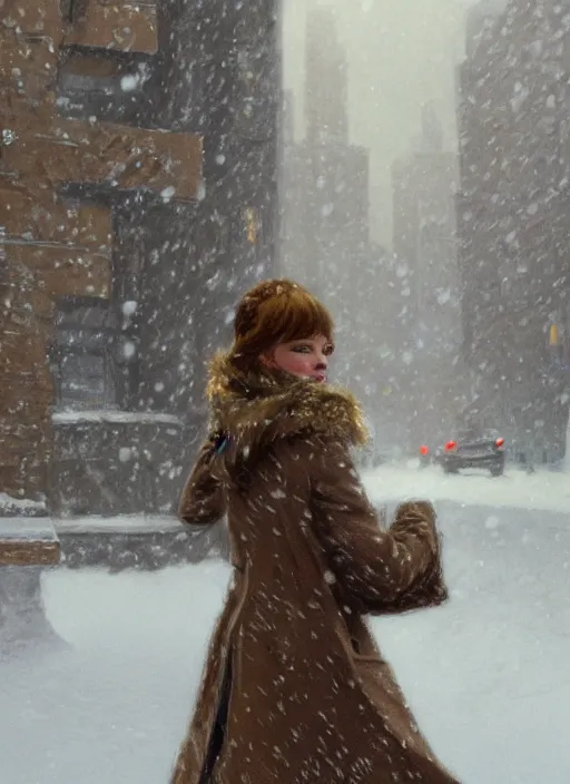 Image similar to back of emma stone in beige coat, walking into new york apartment building entrance in winter, close up of apartment entrance, snow, artwork by gaston bussiere, craig mullins, trending on artstation