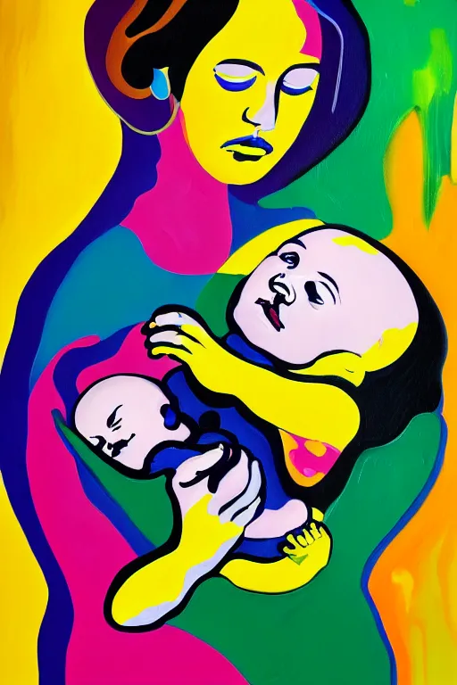 Prompt: a painting of a woman holding a baby, an ultrafine detailed painting by peter max and hernan bas and anna mond, featured on deviantart, metaphysical painting, biomorphic, fauvism, mixed media, photorealistic, dripping paint, palette knife texture, masterpiece