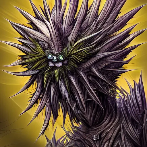 Image similar to A humanoid thistle monster, highly detailed, digital art, sharp focus, trending on art station, fern, anime art style