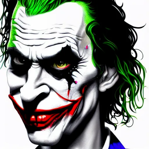 Image similar to An extremely psychedelic portrait of The Joker, surreal, LSD, face, detailed, intricate, elegant, lithe, highly detailed, digital painting, artstation, concept art, smooth, sharp focus, illustration