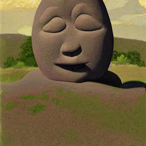 Image similar to casual, precise by grandma moses, by cory loftis. a mixed mediart of a large granite boulder carved to resemble a human face. the nose is slightly upturned, & the eyes & mouth are closed.