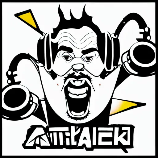 Image similar to svg vector sticker of absolutely insane-mad-scientist-villain, rocking out, wearing headphones, huge speakers, dancing, rave, DJ, spinning records, digital art, amazing composition, rule-of-thirds, award-winning, trending on artstation, featured on deviantart