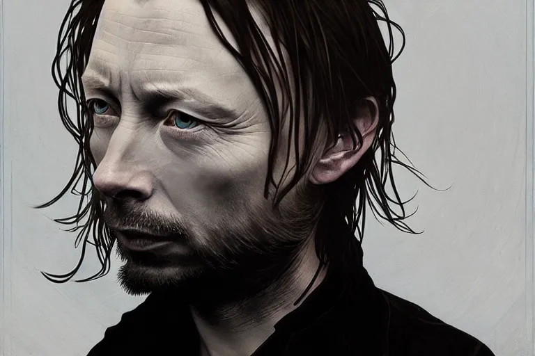 Image similar to hyper realistic portrait of thom yorke singer songwriter, side, liminal space, by lee bermejo, alphonse mucha and greg rutkowski