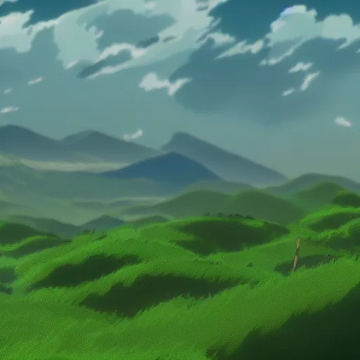 Prompt: green hills from an anime movie in the style of Surendra Rajawat on ArtStation, 4k,