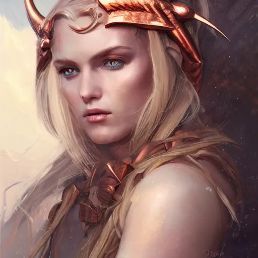 Prompt: A head-on detailed oil fantasy portrait of a pretty elf woman with subtle copper horns, long blonde hair and bright copper irises, by greg rutkowski, trending on artstation, dungeon and dragons art