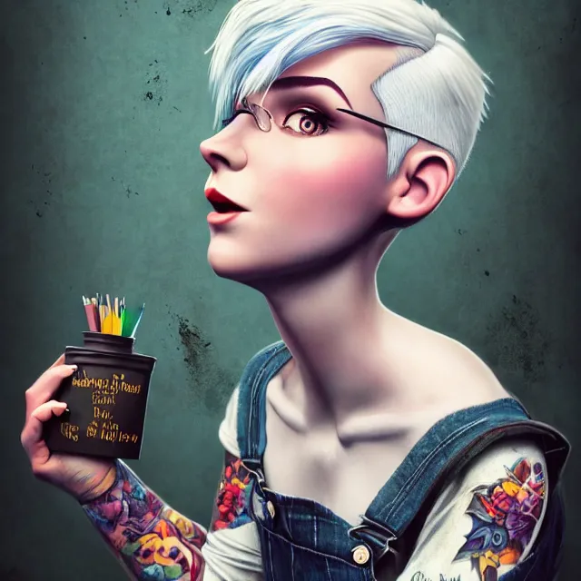 Image similar to full body pose, beautiful adult book fairy, pixar, short white hair shaved sides, dirty, grungy, grunge, long sleeve, painted overalls, stacks of giant books, highly detailed, 4 k, hdr, smooth, sharp focus, high resolution, award - winning photo, artgerm, photorealistic