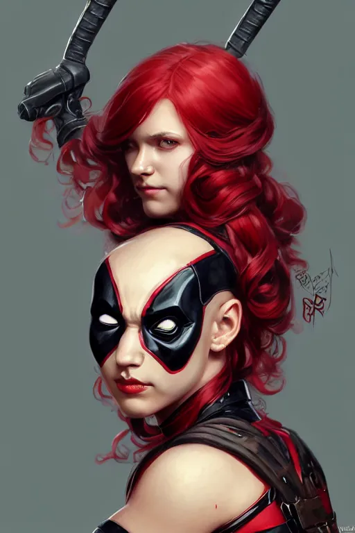 Image similar to portrait of a girl wearing deadpool costumes, upper body, red hair, long hair, d & d, fantasy, fierce, sharp features, intricate, elegant, highly detailed, digital painting, artstation, concept art, matte, sharp focus, illustration, art by artgerm and greg rutkowski and alphonse mucha