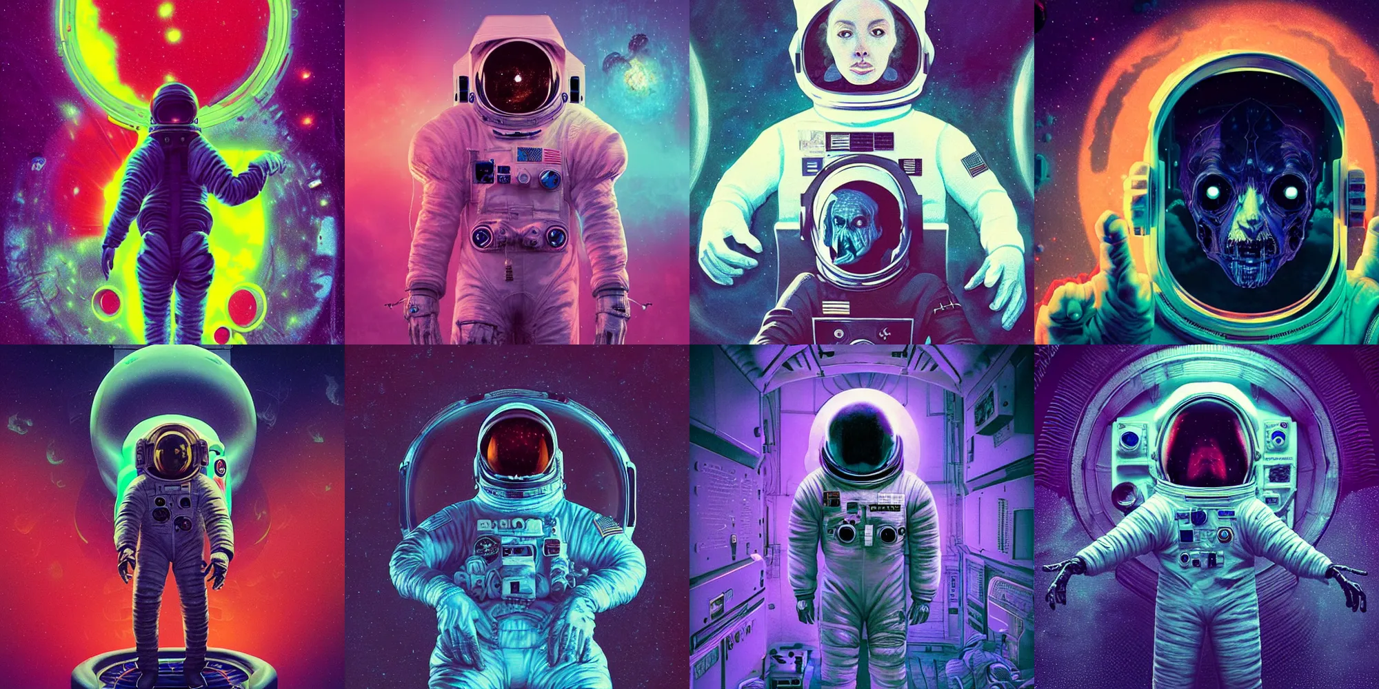 Image similar to astronaut, horror poster 9 0 s, cosmic horror, abstract, ghostly, arcade, duotone, poltergeist, lets get weird, intricate, elegant, highly detailed, artstation, smooth, sharp focus, unreal engine 5, raytracing, art by beeple and mike winkelmann, ultraviolet colors,