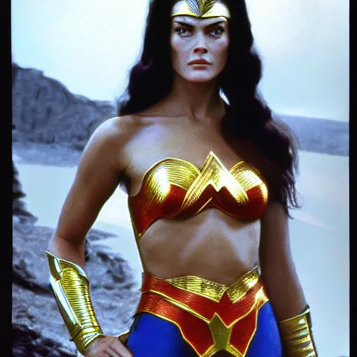Prompt: young martine beswick as wonder woman, photorealistic, color photograph in the style of annie leibovitz - h 6 4 0
