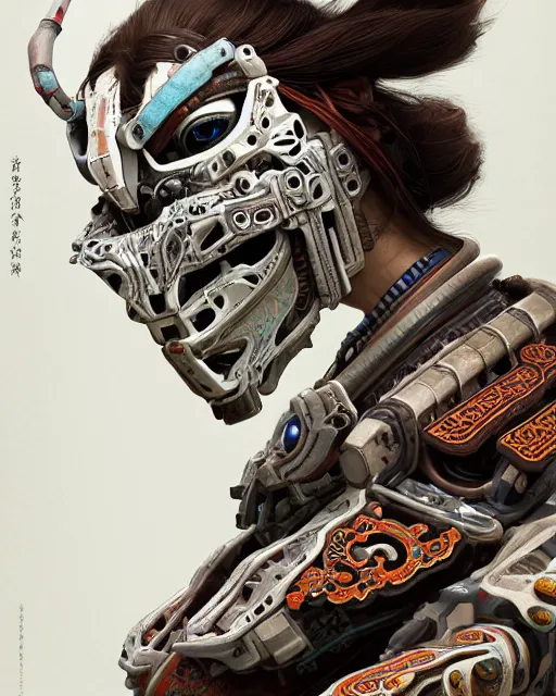 Image similar to portrait of a machine from horizon zero dawn, machine face, upper body, decorated with chinese opera motifs, asian, traditional chinese art, intricate, elegant, highly detailed, digital painting, artstation, concept art, smooth, sharp focus, illustration, art by artgerm and greg rutkowski and alphonse mucha, 8 k