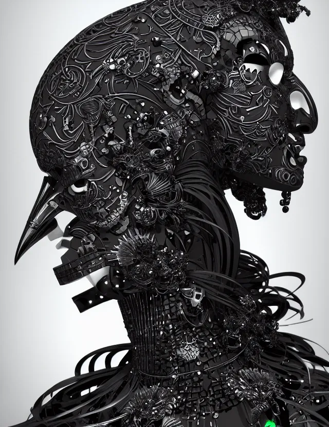 Image similar to 3 d goddess close - up profile simple portrait cybernetic with skull. beautiful intricately detailed japanese crow kitsune mask and clasical japanese kimono. betta fish, jellyfish phoenix, bio luminescent, plasma, ice, water, wind, creature, artwork by tooth wu and wlop and beeple and greg rutkowski