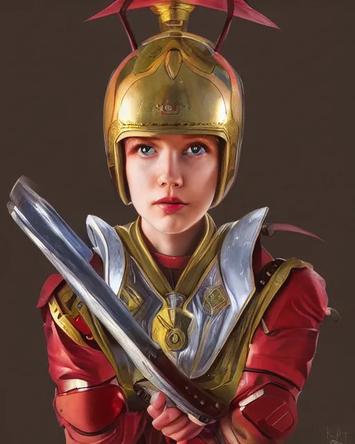 Image similar to highly detailed full body character portrait helmet magical red head girl Tokusatsu Suit concept painting with detailed face by J. C. Leyendecker and Edmund Blair, octane render, 8k, high quality, award winning masterpiece, HDR,