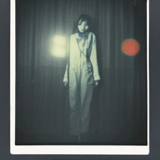 Prompt: dreamy polaroid photograph of madotsuki in the backrooms, many lights in background