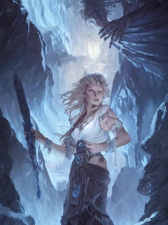 Prompt: picture of giant female ice revenant, looming a party of five adventurers, highly detailed, detailed face, smooth, sharp focus, high fantasy, horror, chiaroscuro, blue monochromatic, digital painting, artgerm and greg rutkowski and alphonse mucha