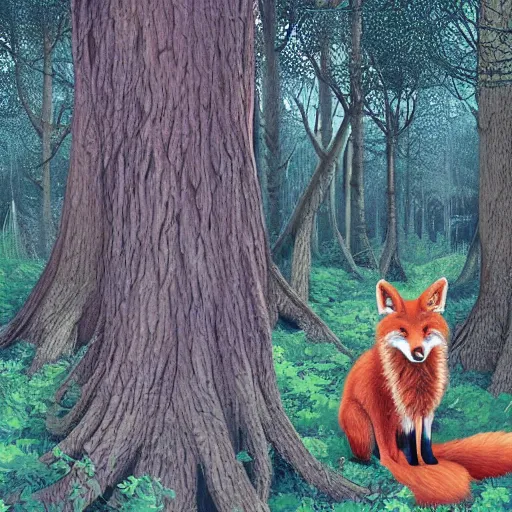 Prompt: a red fox and a ginger teen girl at dark forest where trees are huge, ultra realistic by ori toor and escher
