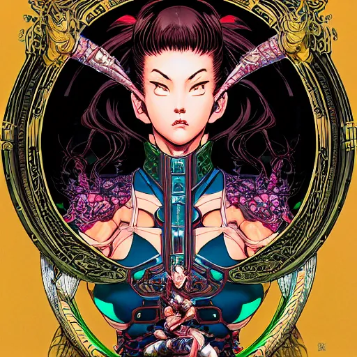 Image similar to portrait closeup of crazy chun li, symmetrical, by yoichi hatakenaka, masamune shirow, josan gonzales and dan mumford, ayami kojima, takato yamamoto, barclay shaw, karol bak, yukito kishiro